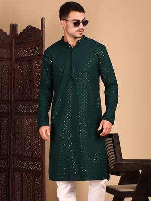 Deep green shimmering sequin exquisite chikankari work kurta 3