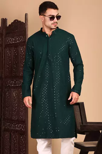 Deep green shimmering sequin exquisite chikankari work kurta