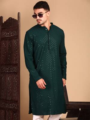 Deep green shimmering sequin exquisite chikankari work kurta 4