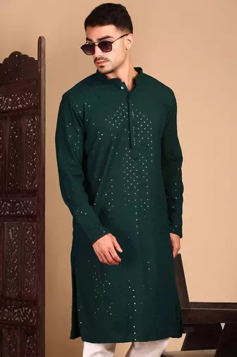 Deep green shimmering sequin exquisite chikankari work kurta