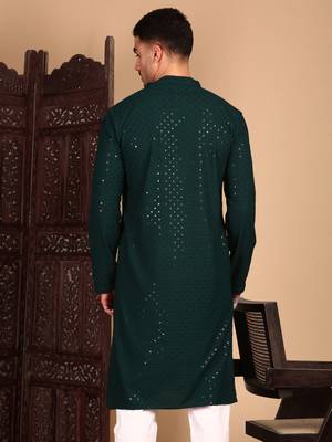 Deep green shimmering sequin exquisite chikankari work kurta 5