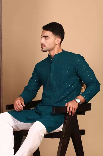 Firozi shimmering sequin exquisite chikankari work kurta