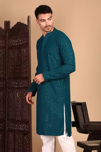 Firozi shimmering sequin exquisite chikankari work kurta
