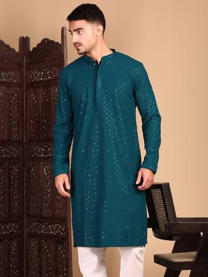 Firozi shimmering sequin exquisite chikankari work kurta 4