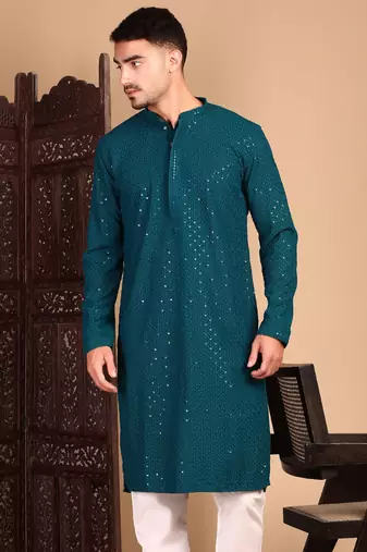 Firozi shimmering sequin exquisite chikankari work kurta
