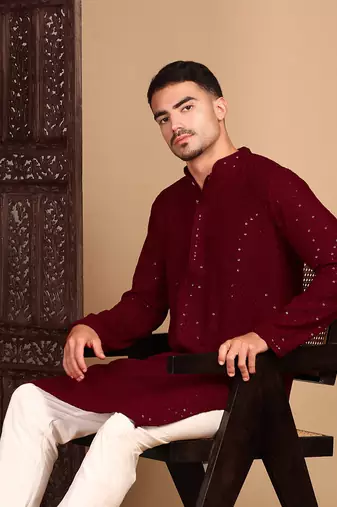 Maroon shimmering sequin exquisite chikankari work kurta