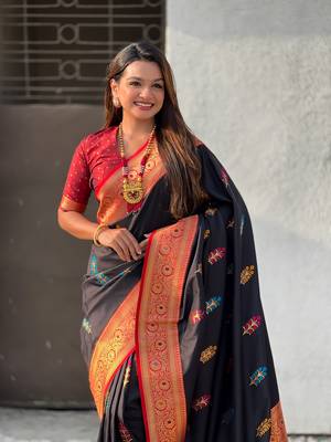 Black soft silk blend woven meenakari saree 3