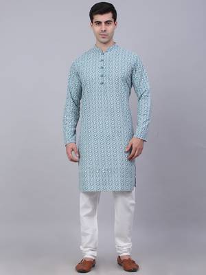 Teal pure cotton embroidered kurta pyjama set 1