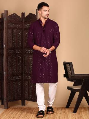 Purple shimmering sequin exquisite chikankari work kurta 1