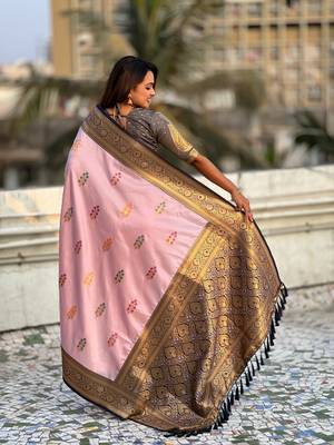 Pink soft silk blend woven meenakari saree 2