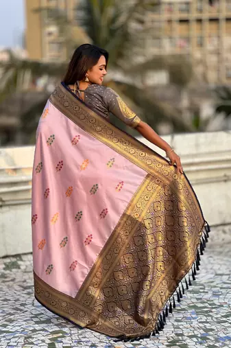 Pink soft silk blend woven meenakari saree