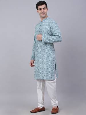 Teal pure cotton embroidered kurta pyjama set 2