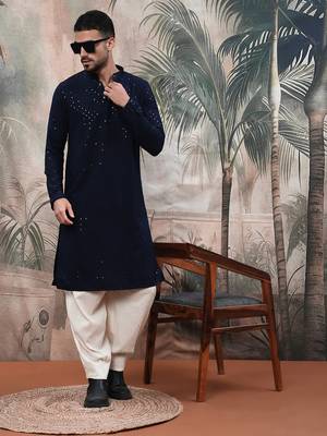 deep blue sequinchikankari work kurta 1