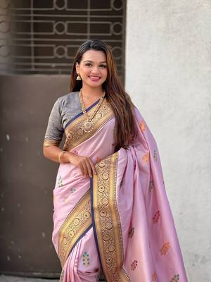 Pink soft silk blend woven meenakari saree 3