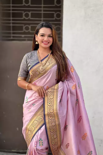 Pink soft silk blend woven meenakari saree