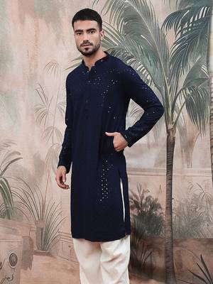 deep blue sequinchikankari work kurta 2