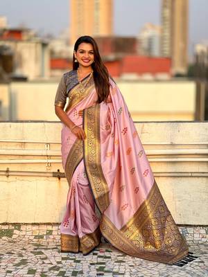 Pink soft silk blend woven meenakari saree 4