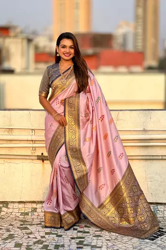 Pink soft silk blend woven meenakari saree
