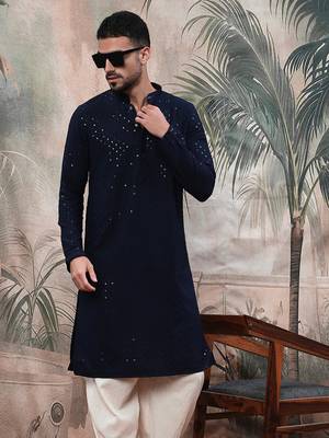 deep blue sequinchikankari work kurta 4
