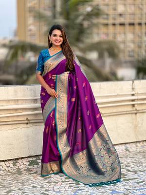 Violet soft silk blend woven meenakari saree 1