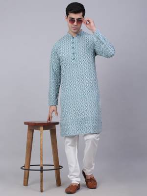 Teal pure cotton embroidered kurta pyjama set 4