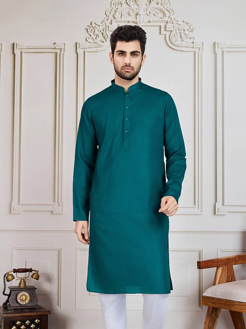 Firozi solid cotton textured kurta