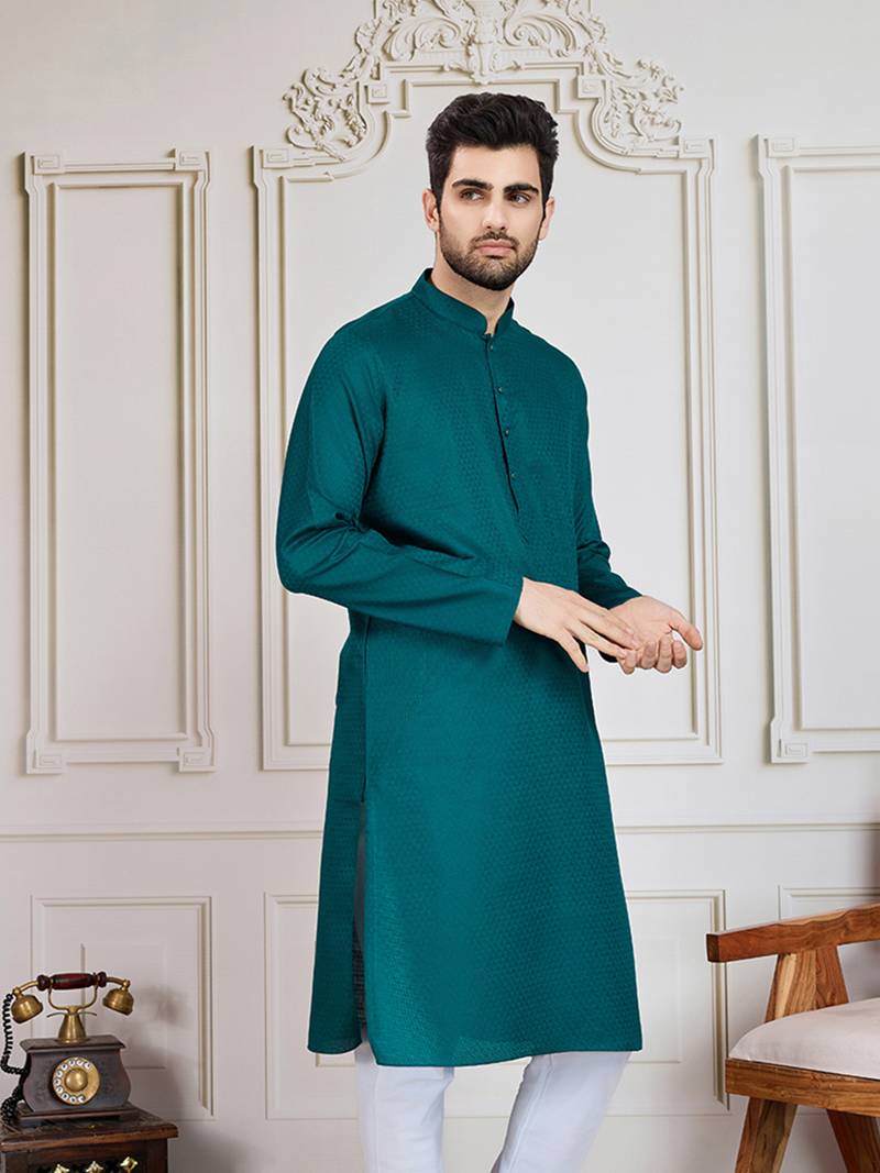 Firozi solid cotton textured kurta