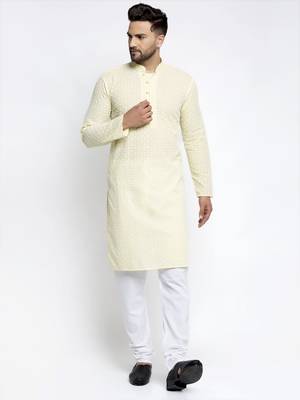 Yellow pure cotton embroidered kurta pyjama set 1