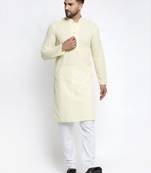 Yellow pure cotton embroidered kurta pyjama set