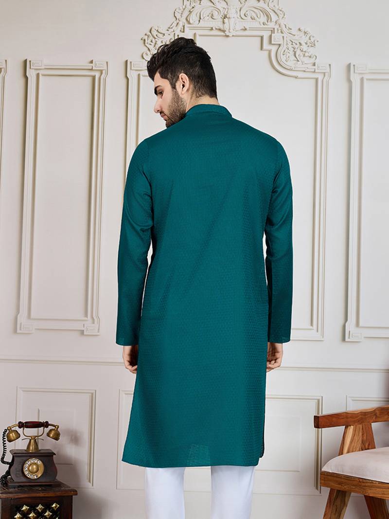 Firozi solid cotton textured kurta