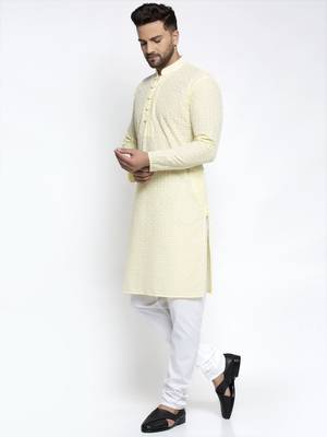 Yellow pure cotton embroidered kurta pyjama set 2