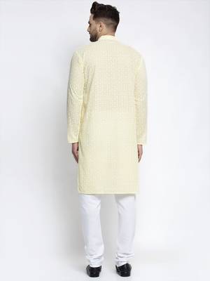 Yellow pure cotton embroidered kurta pyjama set 3