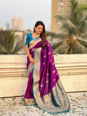 Violet soft silk blend woven meenakari saree 4