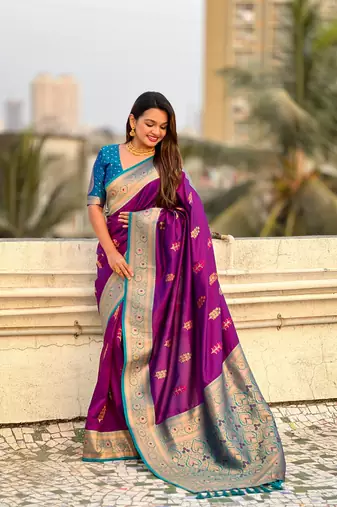 Violet soft silk blend woven meenakari saree