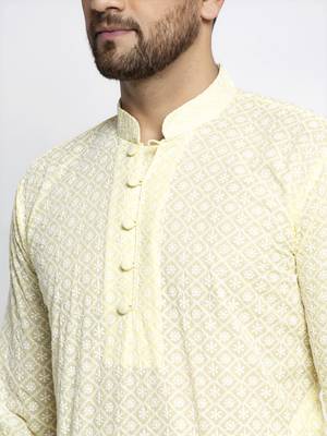 Yellow pure cotton embroidered kurta pyjama set 4