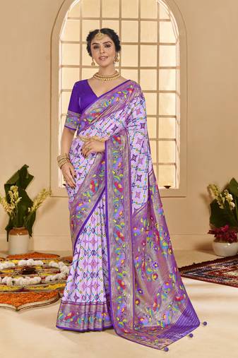 Lavender woven border with ikkat printed cotton silk blend saree