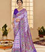 Lavender woven border with ikkat printed cotton silk blend saree