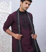 Maroon silk blend embroidered kurta pyjama set