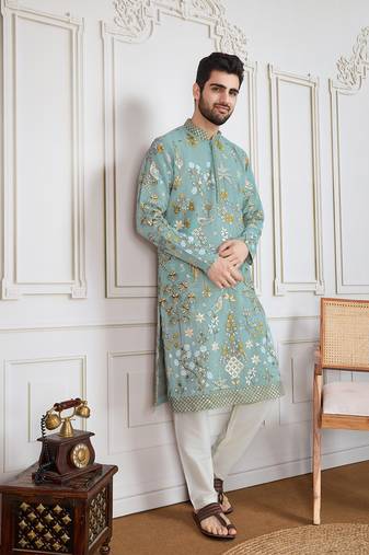 Green floral fusionwork wear kurta
