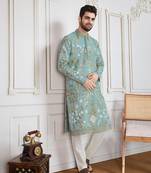 Green floral fusionwork wear kurta