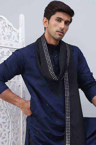 Navy silk blend embroidered blue kurta pyjama set