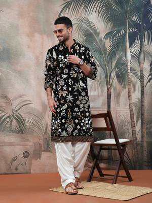 Black polyester floral print kurta with heavy embellished work 1