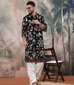 Black polyester floral print kurta with heavy embellished work