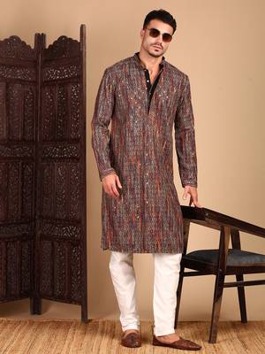Beige chicgeometric patternchikankari kurta with sequin 1