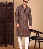 Beige chicgeometric patternchikankari kurta with sequin