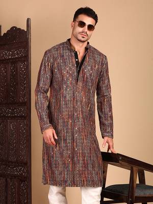 Beige chicgeometric patternchikankari kurta with sequin 2