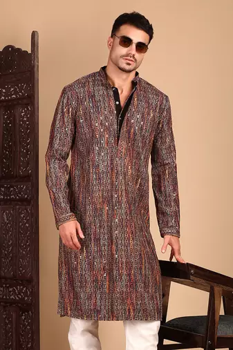 Beige chicgeometric patternchikankari kurta with sequin