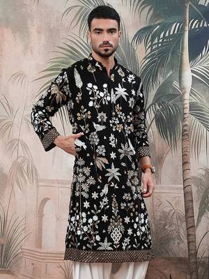 Black polyester floral print kurta with heavy embellished work 2