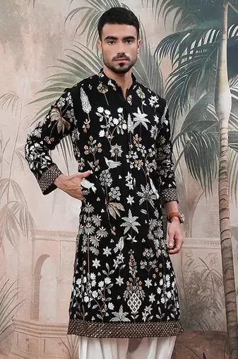 Black polyester floral print kurta with heavy embellished work