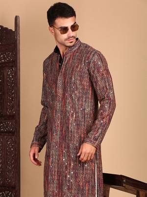 Beige chicgeometric patternchikankari kurta with sequin 3